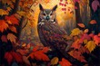  a painting of an owl sitting on a branch in a forest with fall leaves and trees in the background. Generative AI