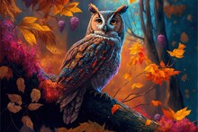  A Painting Of An Owl Sitting On A Branch In A Forest With Fall Leaves And Berries Around It. Generative AI