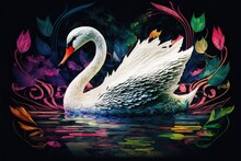  A Swan Is Swimming In A Pond With Leaves And Flowers Around It.