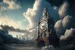  a clock tower in the middle of a cloudy sky with clouds in the background and a full moon in the sky. Generative AI