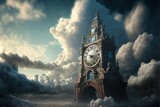 Fototapeta Big Ben -  a clock tower in the middle of a cloudy sky with clouds in the background and a full moon in the sky. Generative AI