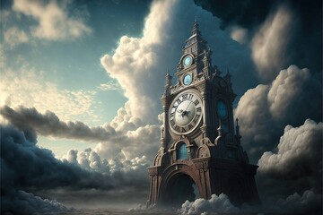  a clock tower in the middle of a cloudy sky with clouds in the background and a full moon in the sky. Generative AI