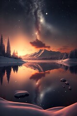 Wall Mural - A beautiful winter wonderland at sunset with a lake and trees covered in snow.