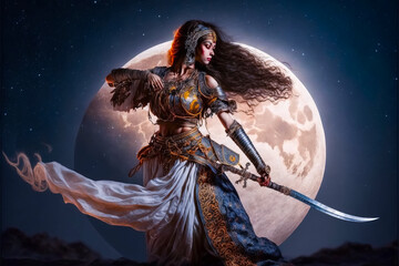 warrior girl with her sword on a full moon night