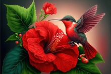  A Hummingbird Sitting On A Flower With A Green Leafy Branch In The Background And A Red Flower In The Foreground.