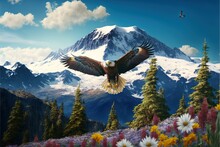  A Painting Of A Bald Eagle Flying Over A Mountain Range With Flowers And Trees In The Foreground And A Bird Flying Over The Mountain.