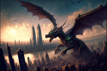 Canvas Print -  a dragon flying over a city with tall buildings in the background and a large body of water in the foreground. Generative AI