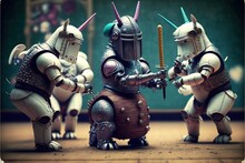  A Group Of Toy Figurines Of Knights Holding Swords And Armor.