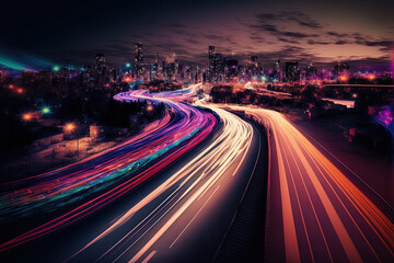 Poster - City nighttime traffic leaves a vivid light trail behind it. Generative AI