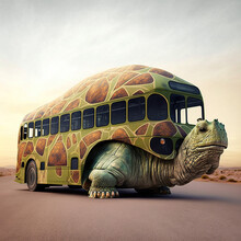 Concept Of A Giant Turtle As A Bus On The Road, Created With Generative AI Technology