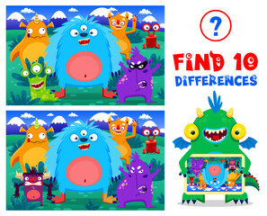 Poster - Cartoon monster characters, find ten differences. Kids vector board game worksheet with cute funny mutant personages. Educational children riddle for leisure activity, brainteaser puzzle, quiz test