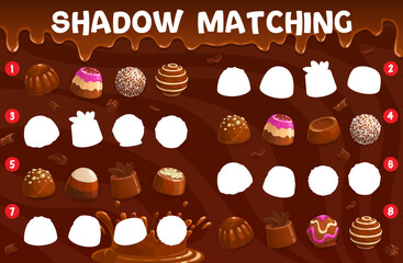 Poster - Shadow matching game. Chocolate praline and fudge, souffle and coconut, truffle and jelly, hazelnut candy or bonbon. Shadow match, silhouette find vector quiz vector worksheet with chocolate sweets