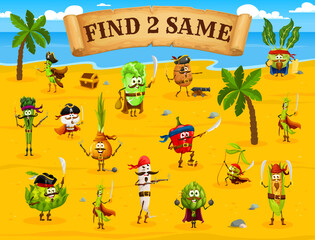 Poster - Find two same cartoon vegetable pirates and corsairs characters. Kids matching quiz, vector puzzle game with bean, mushroom, cabbage and onion, radish, pepper and olive, corn funny corsair personages