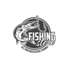 Fishing Store Icon With Pike And Hook, Fisher Tackles Shop Vector Emblem. Fisherman Equipment, Fish Catch Baits Or Lure And Bobber Floats Store Badge With River Pike And Rod Hook