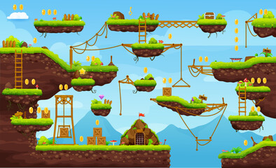 Poster - 2d arcade game level map interface. Platform, stairs, coins, bonus and box icons. Mobile video game stage backdrop, console game vector screen or retro arcade environment landscape with jump platforms