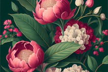 Peonies And Lilies Floral Pattern In A Vintage Print Style Ideal For Backgrounds, Generative Ia