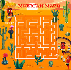 Aufkleber - Labyrinth maze and mexican mariachi musician peppers in desert. Children logical riddle, kids educational quiz or child puzzle game with search way task, mexican cactus plant and funny peppers