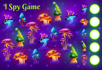 Poster - I spy game worksheet magic mushroom on fairy meadow. Child counting riddle, kids educational quiz with objects searching and counting task or children vector math game with fantasy, glowing mushrooms