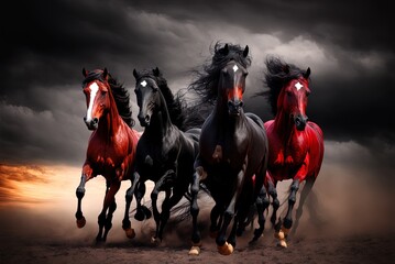 Wall Mural - A band of black and red horses running over the desert floor under a threatening overcast. Four male horses graze on the sands of the desert. Generative AI
