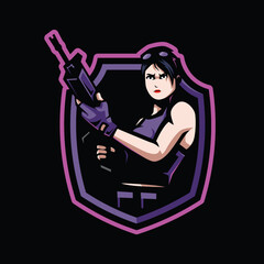Wall Mural - Girl Warrior Mascot Gaming Esport Logo. Woman Holding Rifle in Shield