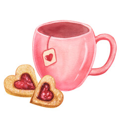 Wall Mural - Pink cup and heart shaped cookies. Hand-drawn watercolor illustration isolated on white background. Happy Valentine's Day