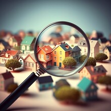 House Searching, Colorful Mini Model Homes Being Viewed Through Magnifying Glass, 3d Render Illustration