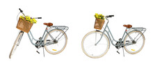 Bicycle With Wicker Basket On White Background, Views From Different Sides. Banner Collage Design