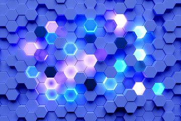 Poster - Abstract hexagonal background with depth of field effect, 3d illustration. A large number of multi-colored hexagons. Honeycomb, 3d panel.