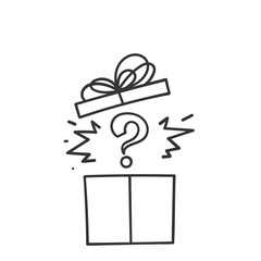 hand drawn doodle gift box and question mark symbol for mystery box