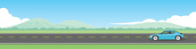 Travels Of Sport Car With Driving For Banner. Asphalt Road Near The Meadow With Green Mountain Under Clear Sky. Copy Space Flat Vector.