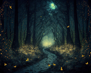 Canvas Print - walking through woods fireflies. the moon stars