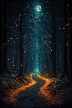 Walking Through Woods Fireflies. The Moon Stars