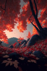 Fototapete - Red maple forest on the mountainside in the evening