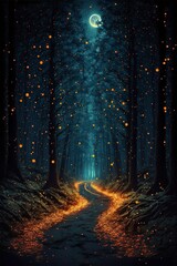 Poster - walking through woods fireflies. The moon stars