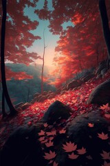 Fototapete - Red maple forest on the mountainside in the evening