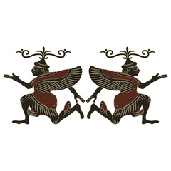 Wall Mural - Symmetrical design with two fantastic winged characters. Ancient Greek or Etruscan motif. Monochrome silhouette.