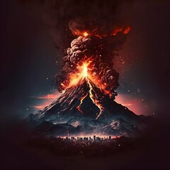 Canvas Print - volcano erupting, magma falling from sky, destroying city below it