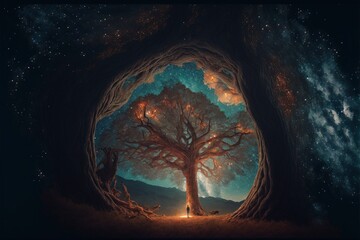 Poster - A dreamlike scene of a forest with a giant tree that seems to be made of stars