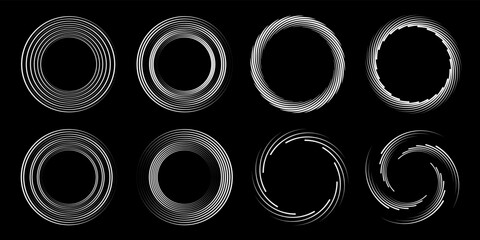 Wall Mural - Set of white vector lines in circle form. Geometric shapes. Concentric circles. Monochrome background. Trendy design elements for border frames, posters, social media, promotion, flyer, covers