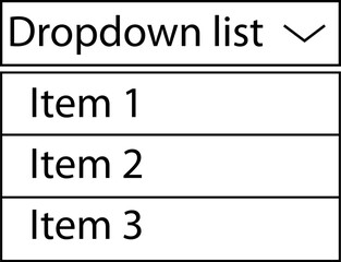 Poster - Drop-down list with menu items on white background. The view is in the expanded state. Drop down list button sign. flat style.
