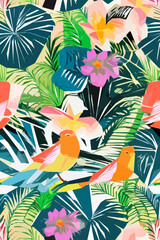 Naklejka na meble Beautiful textile pattern with bird, flowers and leaves. Floral plant pattern for fabric. Vector background for your design.