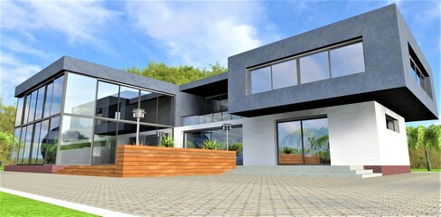 Individual project of a country family house with glass facade elements. Dedicated patio area near the entrance and paved area of figured concrete blocks. 3d rendering.