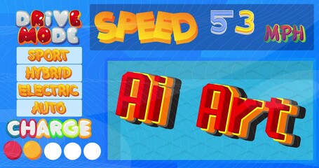 Poster - Cartoon Car Dashboard with Ai Art Text. Digital Graphical User Interface Animation.