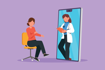 Wall Mural - Graphic flat design drawing female doctor comes out of smartphone holding clipboard and checking condition of female patient sitting on chair. Online medical concept. Cartoon style vector illustration