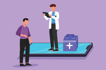 Wall Mural - Character flat drawing helpful male doctor standing on giant smartphone screen and talking with male patient. Digital online medical healthcare service consultation. Cartoon design vector illustration