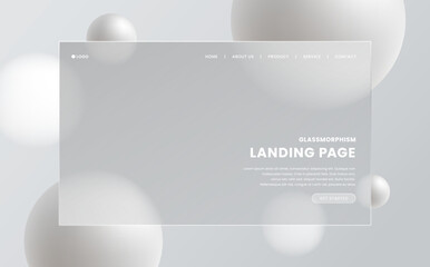 Wall Mural - 3d Landing page template in glassmorphism style. Horizontal Website screen with glass overlay effect isolated on abstract background. Transparent rectangular glass plate. Trendy vector illustration.