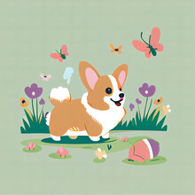 Happy Little Corgi Dog Plays With Flowers And Butterflies, Generative AI