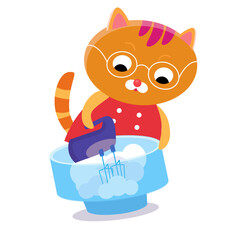  Cute kitten cook. Cartoon isolated character in uniform. Funny animal for designing posters, menus, books. Color vector illustration. 