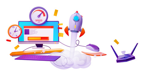 Poster - 3d illustration of desktop computer with web page, speedometer and clock icons, rocket launch and wi