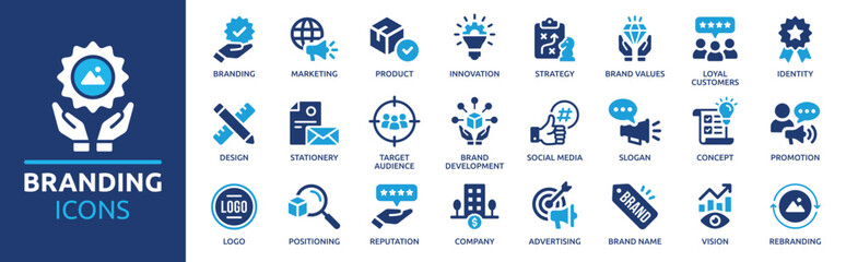 branding icon set. containing marketing, product, brand value, design, logo, brand development, soci